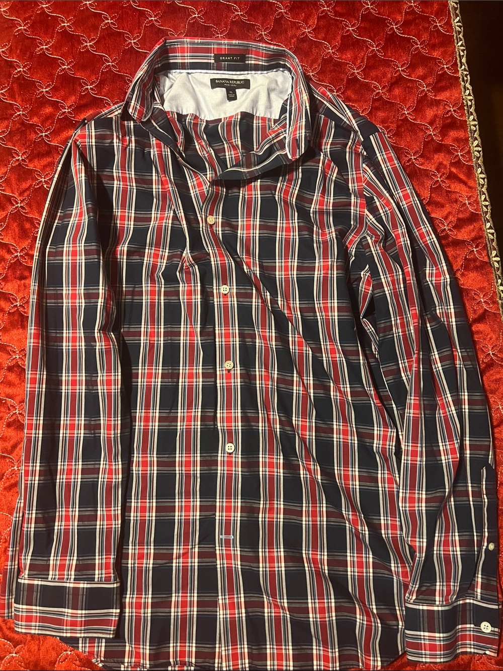 Banana Republic Navy and Red Plaid Button-Down Shirt